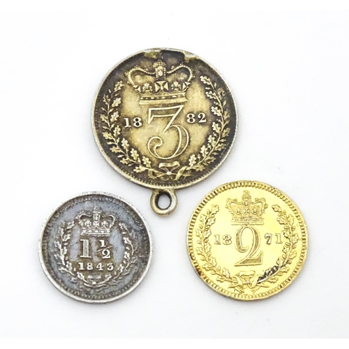 791A - Coins: Three Victorian coins to include an 1883 three pence, an 1843 1 1/2 pence coin, etc. (3)