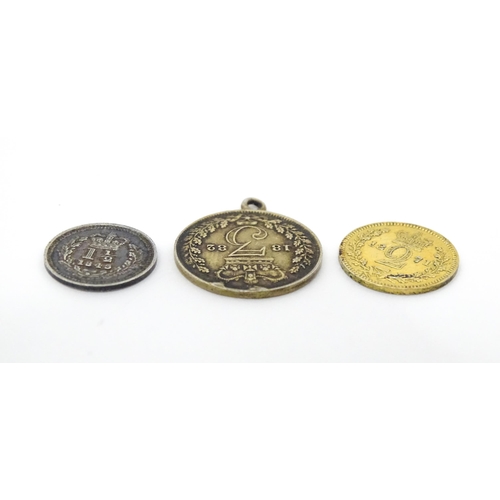 791A - Coins: Three Victorian coins to include an 1883 three pence, an 1843 1 1/2 pence coin, etc. (3)