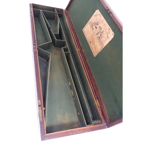 1216 - A 19thC mahogany gun motor case brass mounts, the green baize-lined interior fitted for a side by si... 