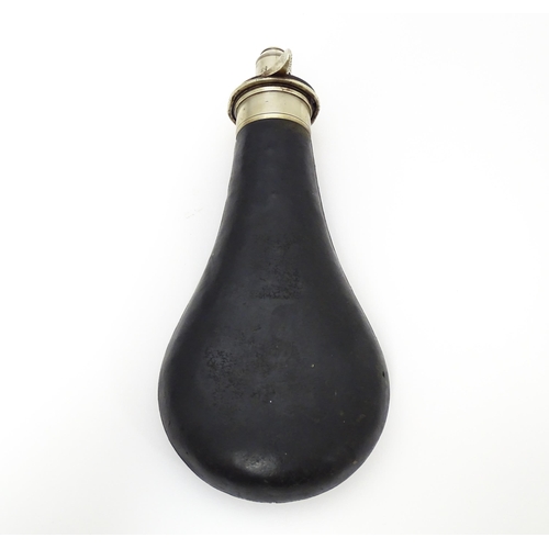 1219 - A 19thC Sykes Patent 'Extra Quality' powder flask, with leather covered reservoir and polished metal... 