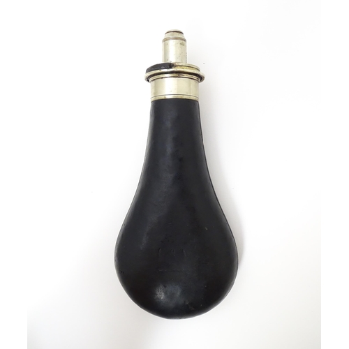 1219 - A 19thC Sykes Patent 'Extra Quality' powder flask, with leather covered reservoir and polished metal... 