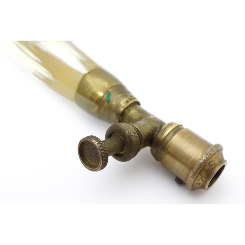 1221 - A 20thC double powder flask, constructed from horn with brass fittings and 2 1/2 - 3 dram measures. ... 