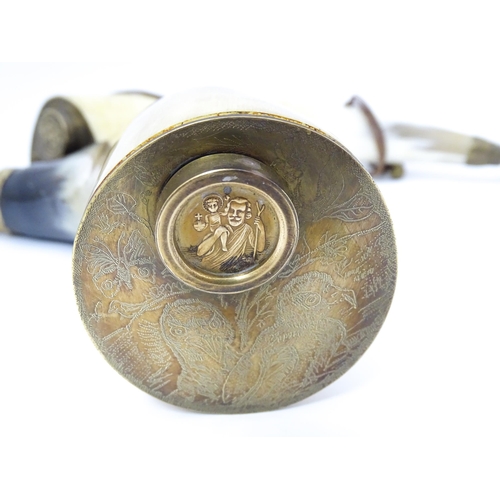 1221 - A 20thC double powder flask, constructed from horn with brass fittings and 2 1/2 - 3 dram measures. ... 