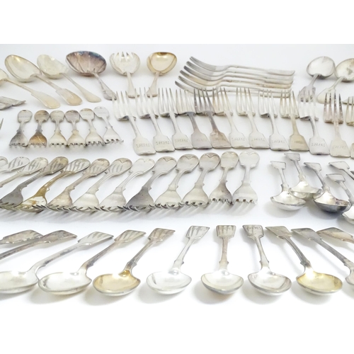 608 - A quantity of assorted silver plate flatware / cutlery include a berry spoon, salad servers etc