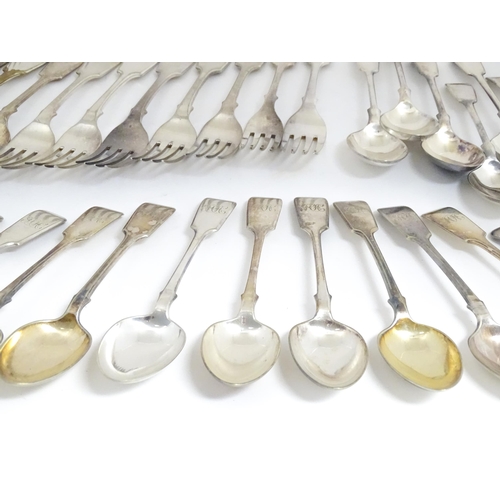 608 - A quantity of assorted silver plate flatware / cutlery include a berry spoon, salad servers etc