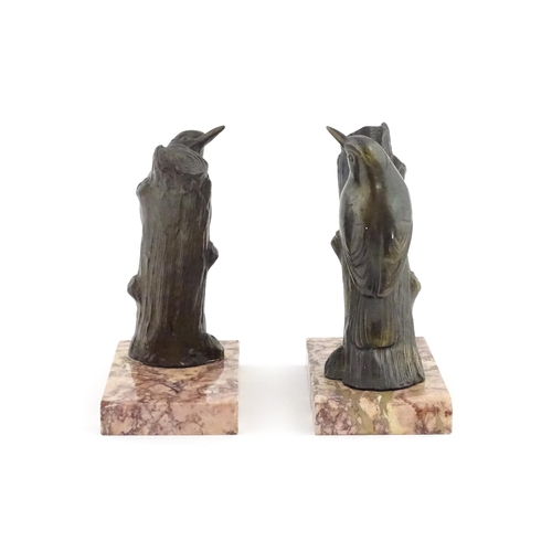 1104 - A pair of 20thC bookends with cast nuthatch bird on branch detail after Michel Leducq (1879-1955). F... 