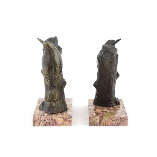 1104 - A pair of 20thC bookends with cast nuthatch bird on branch detail after Michel Leducq (1879-1955). F... 