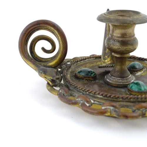 1107 - Two Victorian brass inkwells of capstan form, with chain link detail and applied malachite cabochon ... 