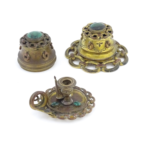 1107 - Two Victorian brass inkwells of capstan form, with chain link detail and applied malachite cabochon ... 