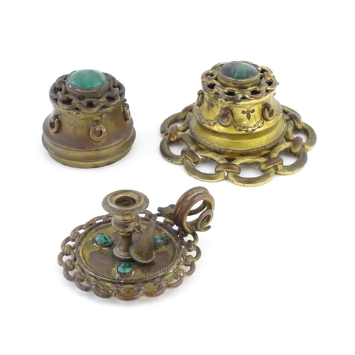 1107 - Two Victorian brass inkwells of capstan form, with chain link detail and applied malachite cabochon ... 