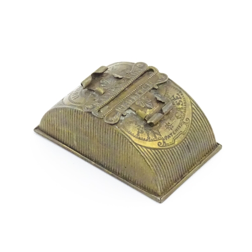 1115 - A Victorian brass pin case of dome form with sliding mechanism by W. Avery & Sons Redditch, titled T... 