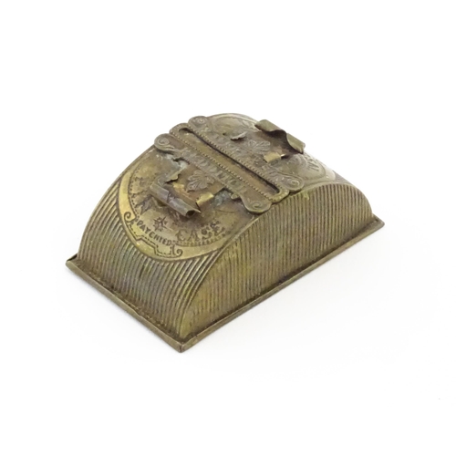 1115 - A Victorian brass pin case of dome form with sliding mechanism by W. Avery & Sons Redditch, titled T... 