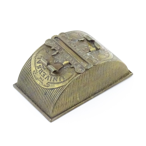 1115 - A Victorian brass pin case of dome form with sliding mechanism by W. Avery & Sons Redditch, titled T... 