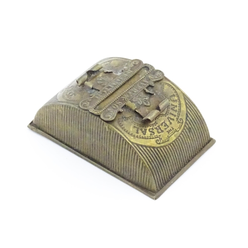 1115 - A Victorian brass pin case of dome form with sliding mechanism by W. Avery & Sons Redditch, titled T... 