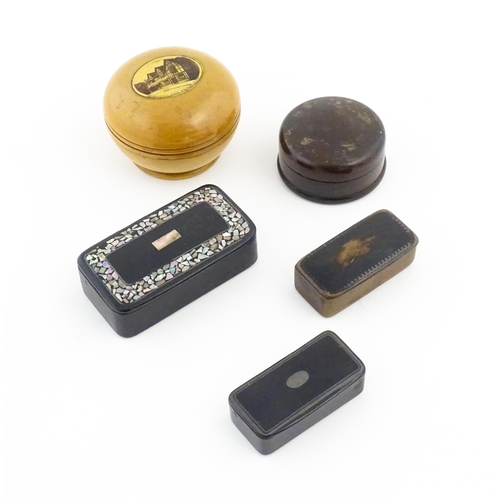 1119 - Three assorted 19thC snuff boxes to include two papier mache examples of rectangular form, and a tab... 