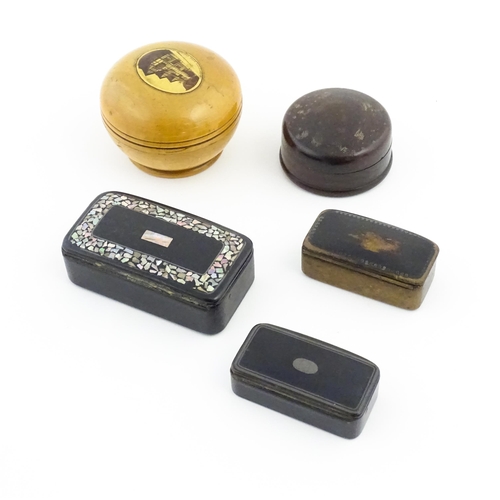 1119 - Three assorted 19thC snuff boxes to include two papier mache examples of rectangular form, and a tab... 