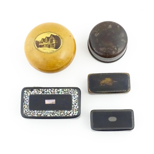 1119 - Three assorted 19thC snuff boxes to include two papier mache examples of rectangular form, and a tab... 