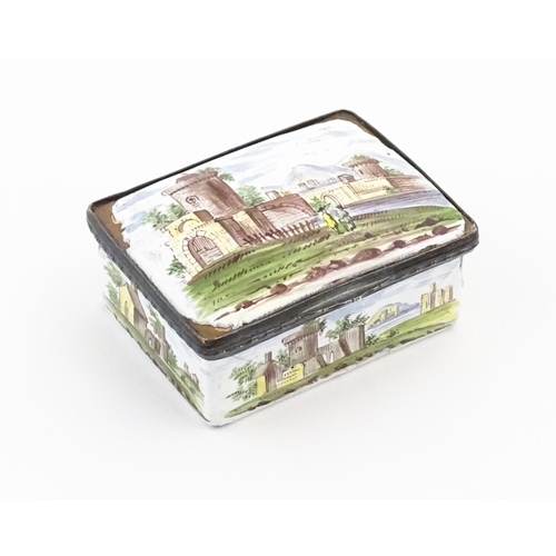 1129 - A late 19th / early 20thC enamel snuff box of rectangular form decorated with a landscape scene with... 