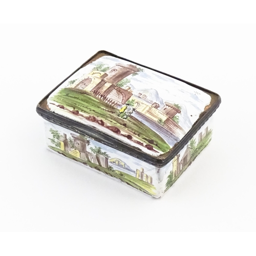 1129 - A late 19th / early 20thC enamel snuff box of rectangular form decorated with a landscape scene with... 