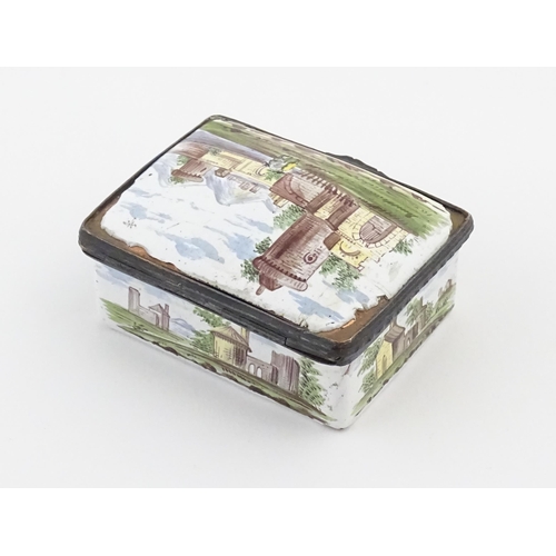 1129 - A late 19th / early 20thC enamel snuff box of rectangular form decorated with a landscape scene with... 