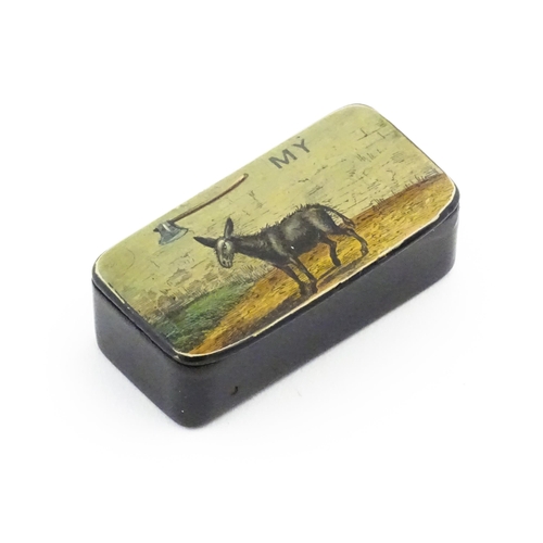 1133 - An early 19thC papier mache novelty snuff box with hand painted pictorial motto to lid, depicting an... 