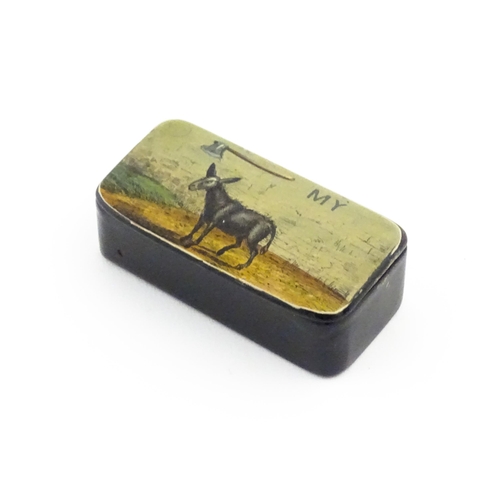 1133 - An early 19thC papier mache novelty snuff box with hand painted pictorial motto to lid, depicting an... 