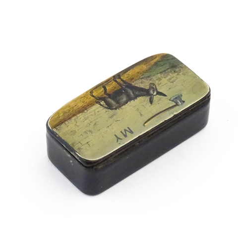 1133 - An early 19thC papier mache novelty snuff box with hand painted pictorial motto to lid, depicting an... 