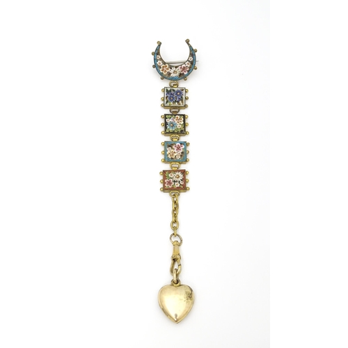 678 - A late 19th / early 20thC gilt metal fob watch hanger with micro mosaic detail. Approx. 4 1/2