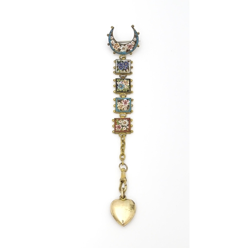 678 - A late 19th / early 20thC gilt metal fob watch hanger with micro mosaic detail. Approx. 4 1/2