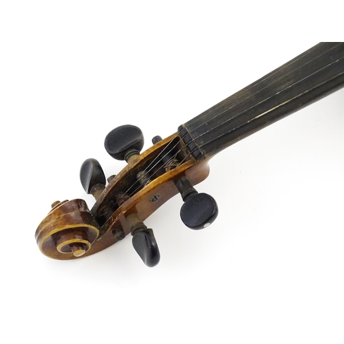 1147 - A mid 19thC violin, constructed from maple and bearing Hopf pyrograph mark below the heel, together ... 