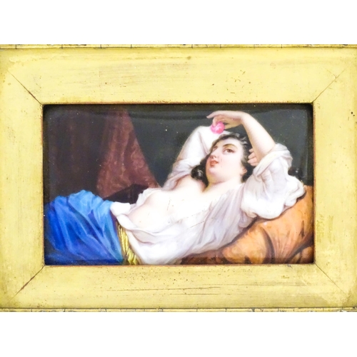 1159 - A 20thC hand painted porcelain plaque depicting a reclining lady with fruit after Hugo Birger. Appro... 