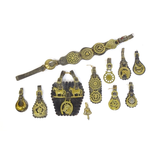 1055 - A quantity of Victorian and later horse brasses mounted to leather backing, variously decorated with... 