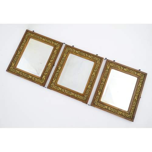 1222 - 20thC three fold oak mirrors with banded foliate detail. Each panel approx. 14