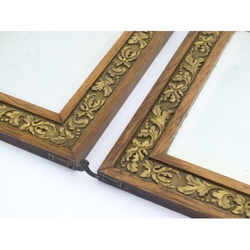 1222 - 20thC three fold oak mirrors with banded foliate detail. Each panel approx. 14