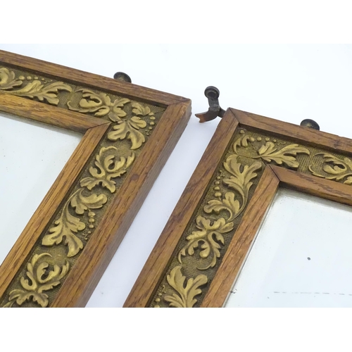 1222 - 20thC three fold oak mirrors with banded foliate detail. Each panel approx. 14