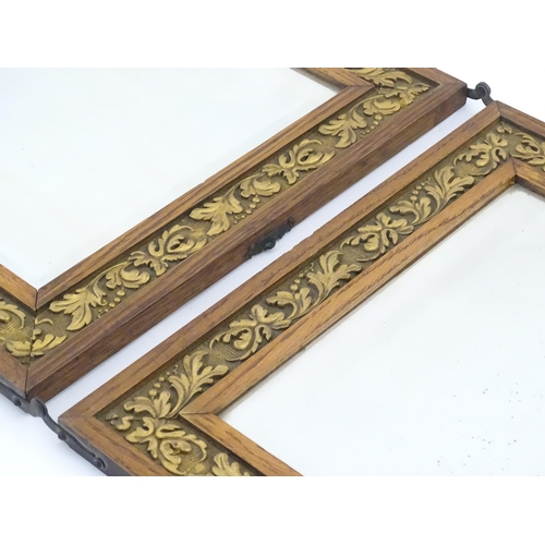 1222 - 20thC three fold oak mirrors with banded foliate detail. Each panel approx. 14