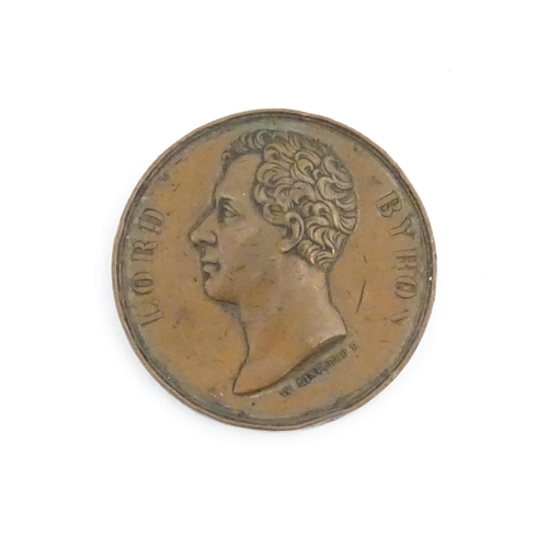 1173 - A 19thC commemorative medallion for Lord Byron, one face with a profile portrait of Lord Byron title... 