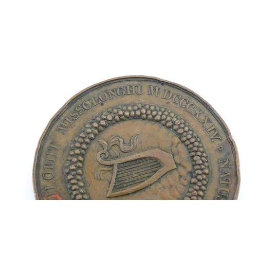 1173 - A 19thC commemorative medallion for Lord Byron, one face with a profile portrait of Lord Byron title... 