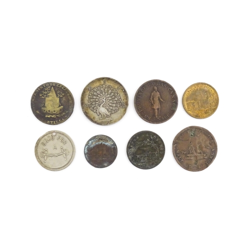 1174 - Eight 19thC coins and tokens, comprising a Mexico Departamento de Zacatecas 1/4 Quartilla Real coin ... 