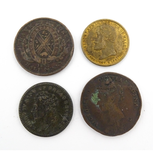 1174 - Eight 19thC coins and tokens, comprising a Mexico Departamento de Zacatecas 1/4 Quartilla Real coin ... 