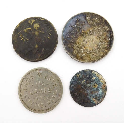 1174 - Eight 19thC coins and tokens, comprising a Mexico Departamento de Zacatecas 1/4 Quartilla Real coin ... 