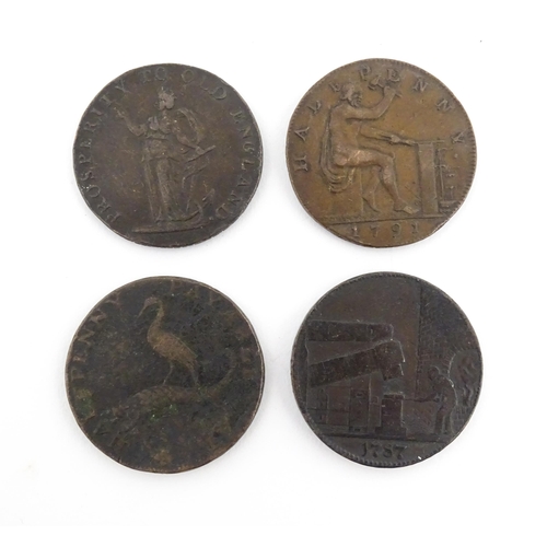 1176 - Four 18thC English trade tokens, comprising two John Wilkinson Iron Master Half Penny tokens 1787 an... 