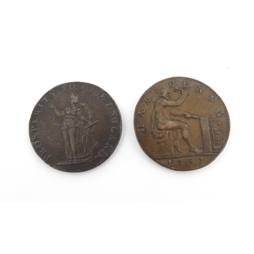 1176 - Four 18thC English trade tokens, comprising two John Wilkinson Iron Master Half Penny tokens 1787 an... 