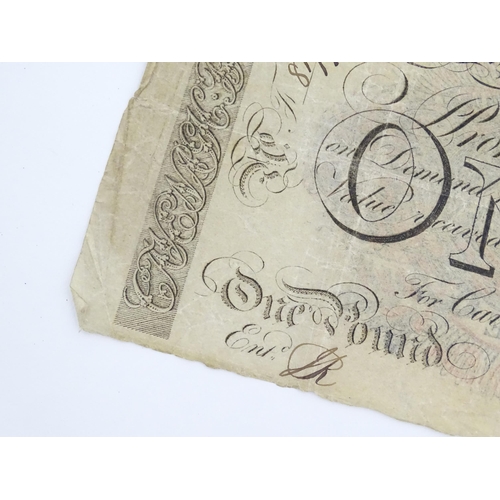 1178 - A Bath Bank (Cavanagh, Browne, Bayley & Browne) One Pound note, serial number F8177, variously stamp... 