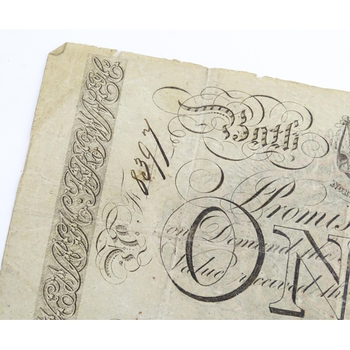 1179 - A Bath Bank (Cavanagh, Browne, Bayley & Browne) One Pound note, serial number F8397, variously stamp... 