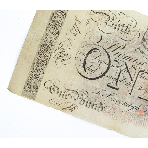 1181 - A Bath Bank (Cavanagh, Browne, Bayley & Browne) One Pound note, serial number F8178, variously stamp... 