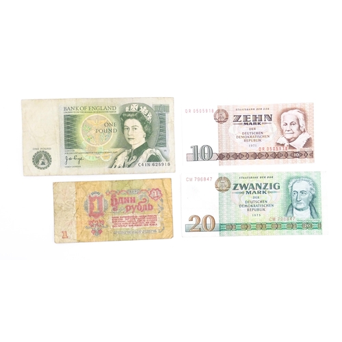 1182 - Four 20thC bank notes , comprising DDR / East Germany Zwanzig Mark 1975 and Zehn Mark 1971, Bank of ... 