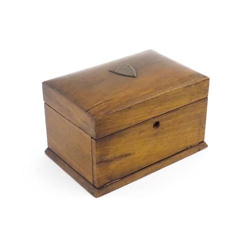 1184 - An early 20thC walnut fall front jewellery box, the hinged lid opening to reveal a fitted interior a... 