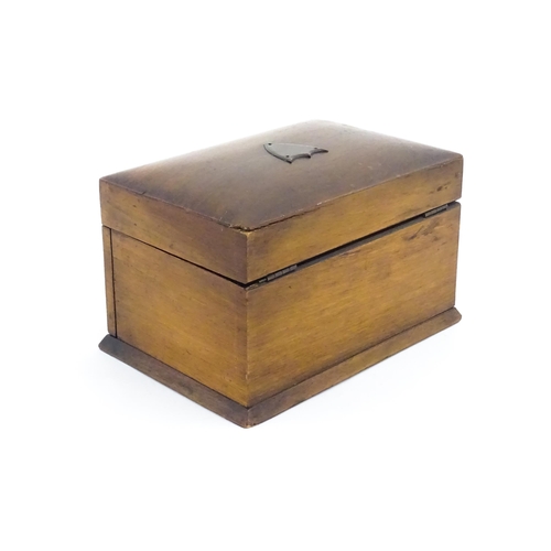 1184 - An early 20thC walnut fall front jewellery box, the hinged lid opening to reveal a fitted interior a... 