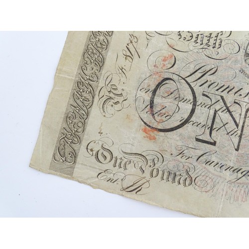 1180 - A Bath Bank (Cavanagh, Browne, Bayley & Browne) One Pound note, serial number 8173, variously stampe... 